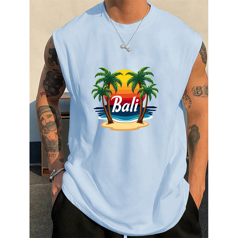 3D Printing Bali - 夏バリアン柄メンズタンクトップ3Dプリントココナッツツリーパターンシンプルカジュアルルーズノースリーブシャツジム通気性ベスト2025
