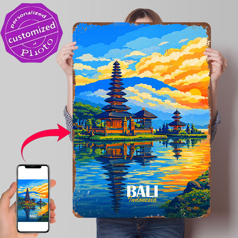 3D Printing Bali - バリ島ウルン・ダンヌ寺院の夕日ポスター レトロ3Dプリントメタルサイン カスタム壁掛けギフト コーヒーバーアクセサリーアート