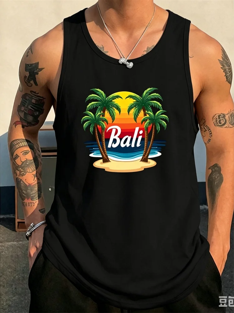 3D Printing Bali - 2026 夏バリパターンメンズタンクトップ 3D プリントココナッツツリーパターンシンプルカジュアルルーズノースリーブシャツジム通気性ベスト