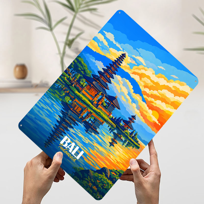バリ島ウルン・ダンヌ寺院の夕日ポスター レトロ3Dプリントメ - 3D Printing Bali のレビューと価格